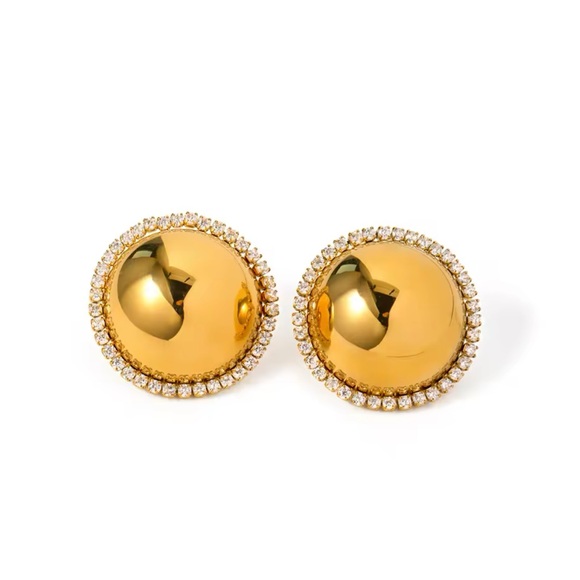 ◾️18K Gold Plated Bling Cubic Zirconia Round Big Stud Earrings - Picture 2 of 15